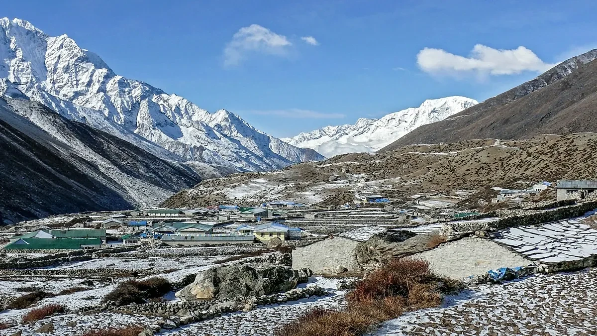 Stone teahouse in Dingboche above Everest